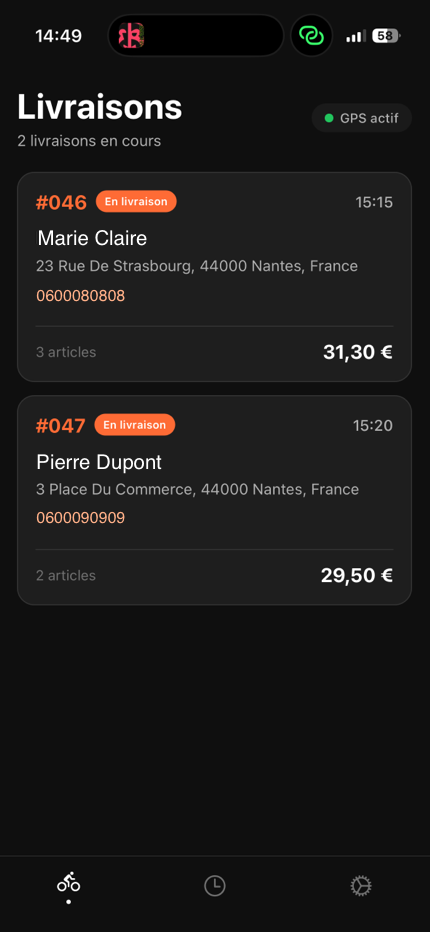 Application livreur suivi GPS