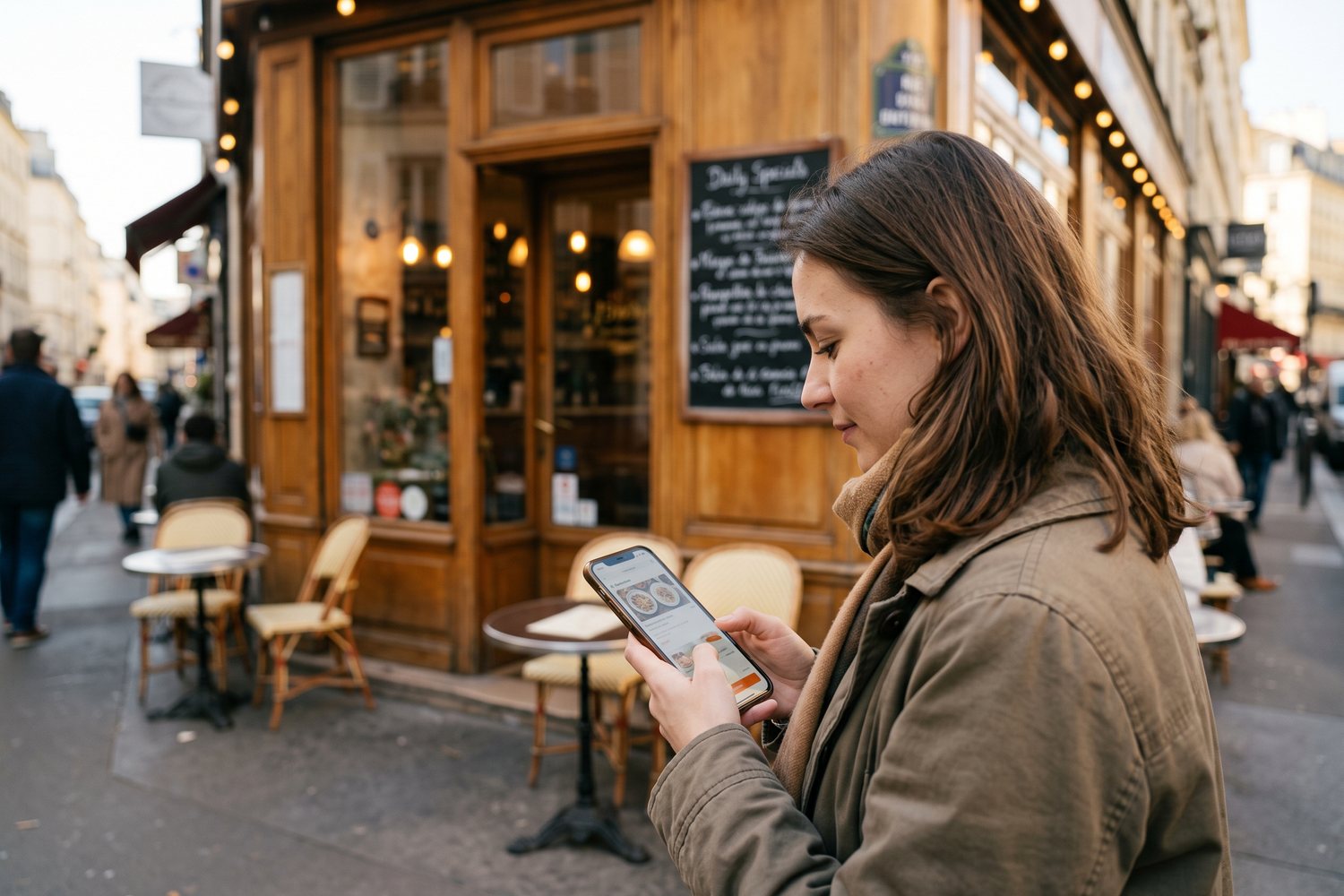Devant un café parisien, une cliente commande sur l'application du restaurant depuis son smartphone