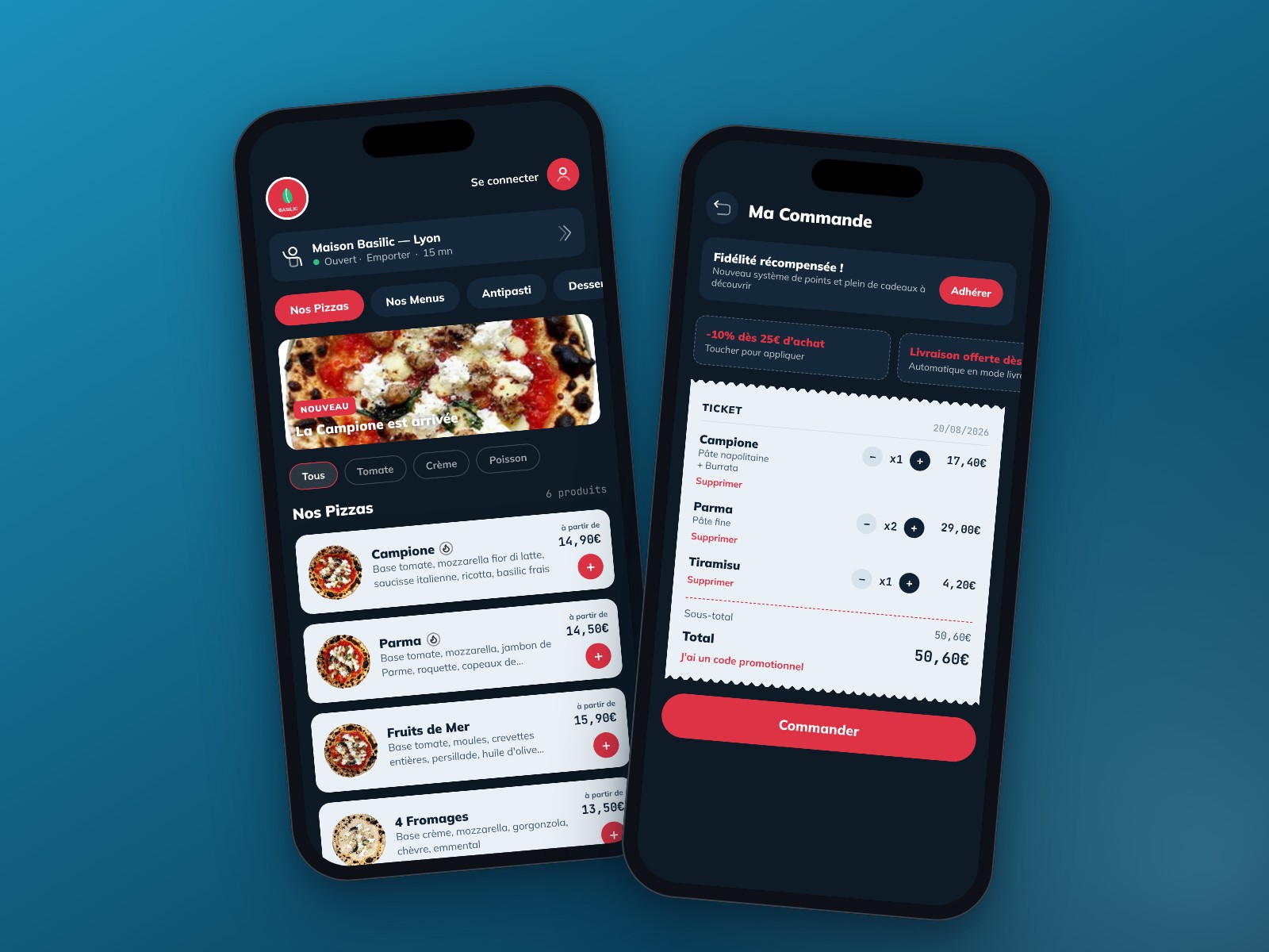 Application de commande à la marque d'un restaurant sur deux smartphones : carte et panier
