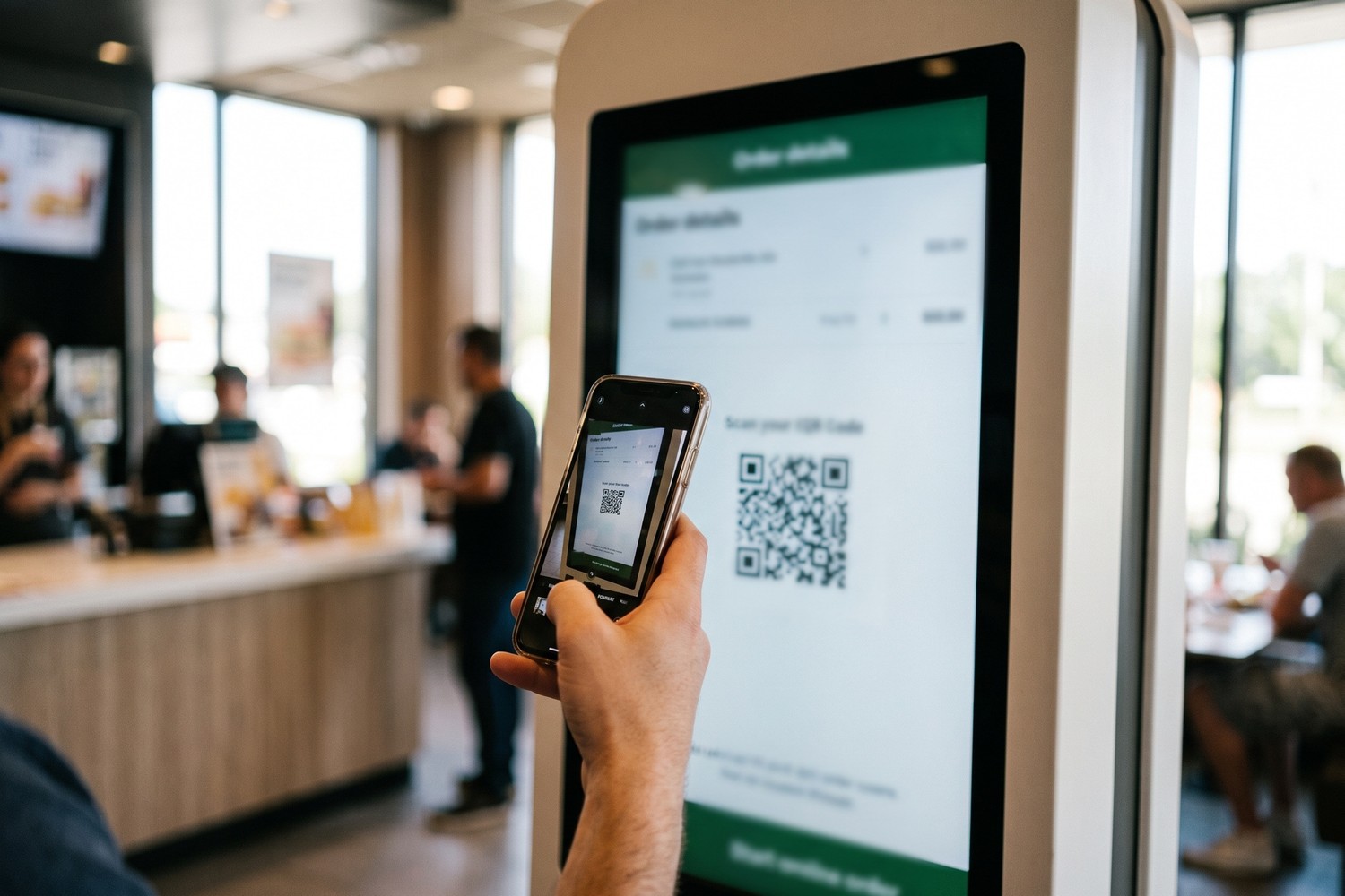 Un client scanne avec son smartphone le QR code affiché sur la borne de commande pour être prévenu quand sa commande est prête
