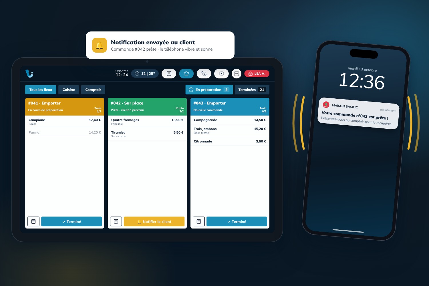 Écran de cuisine Tick'eat avec le bouton « Notifier le client » et notification « Votre commande est prête » qui fait vibrer le téléphone du client