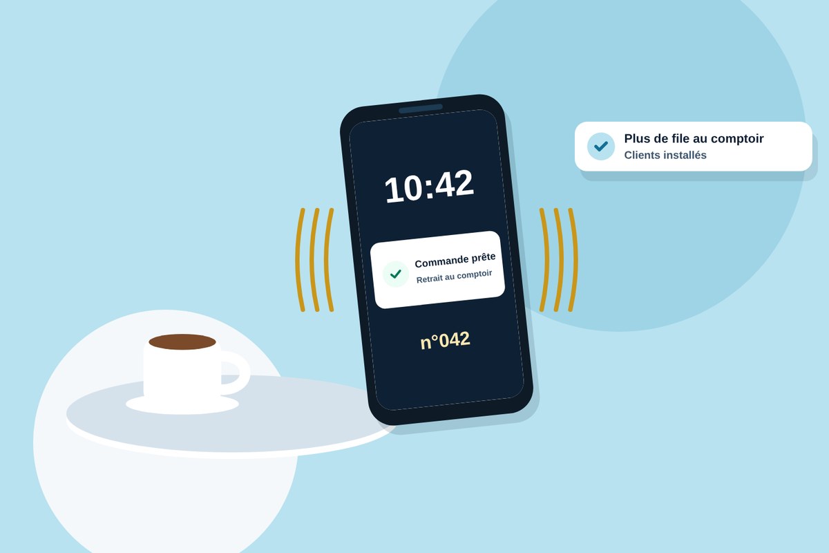 Le client patiente assis avec son café ; son téléphone l'avertit que sa commande est prête