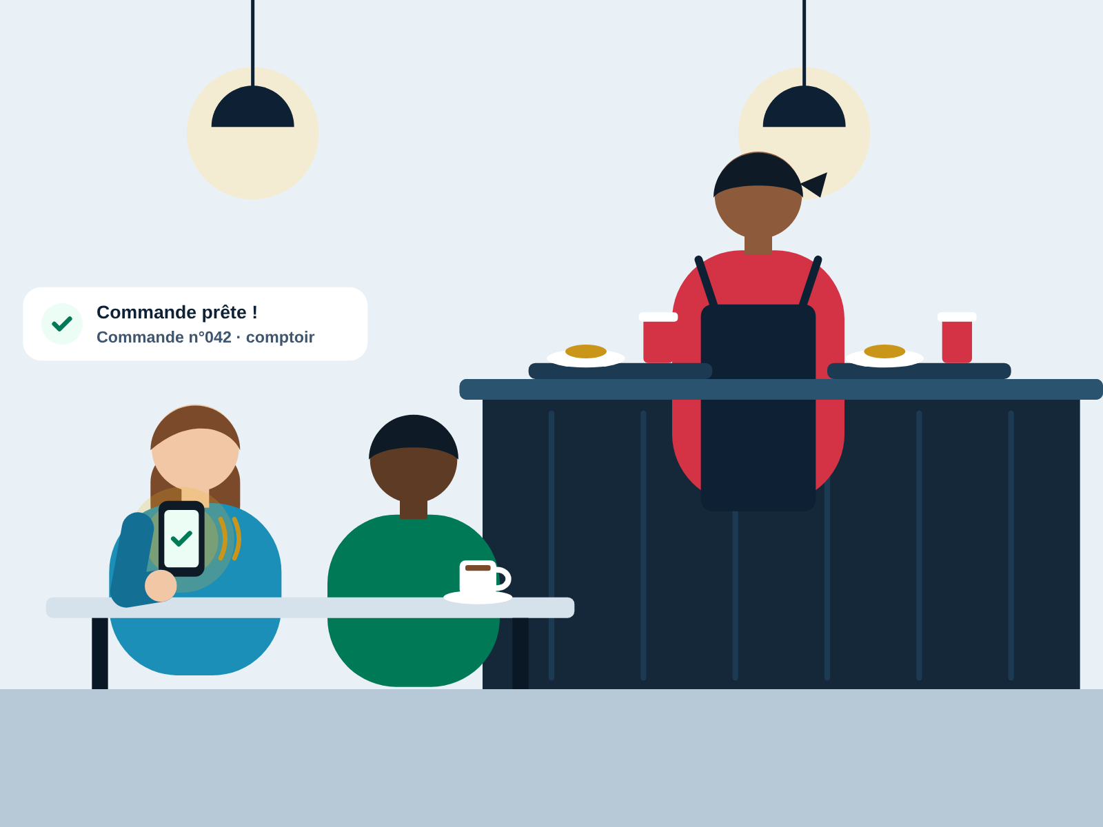 Les clients attendent assis et sereins ; le téléphone de la cliente vibre et sonne : sa commande est prête au comptoir
