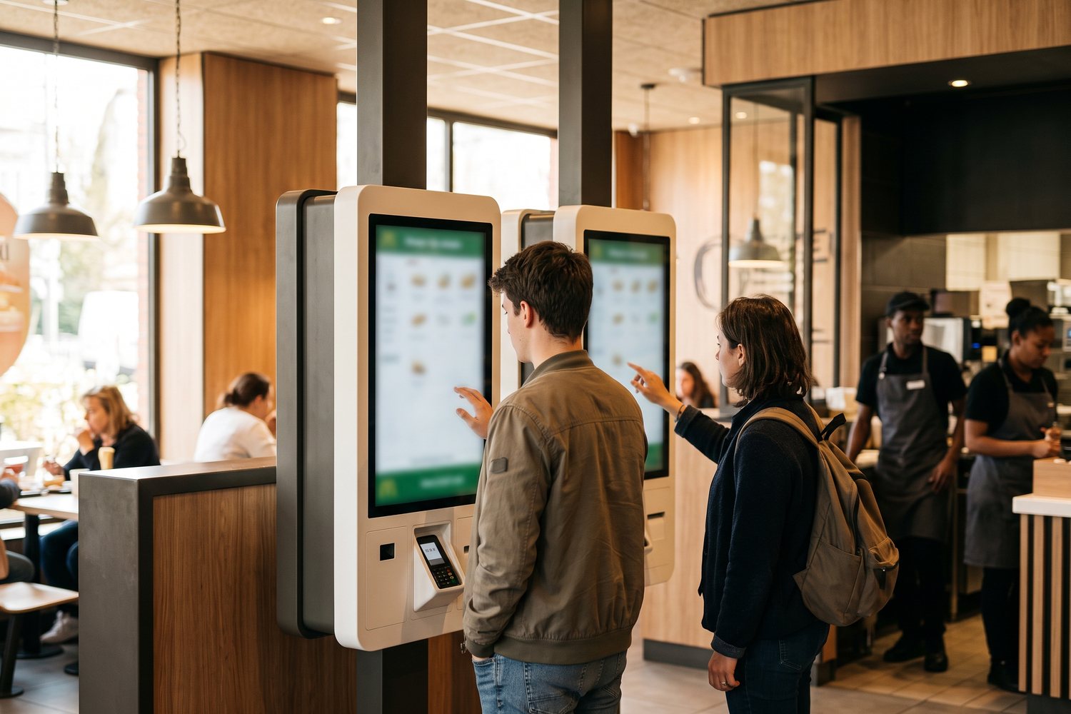 Deux clients commandent sur des bornes tactiles dans un restaurant de restauration rapide