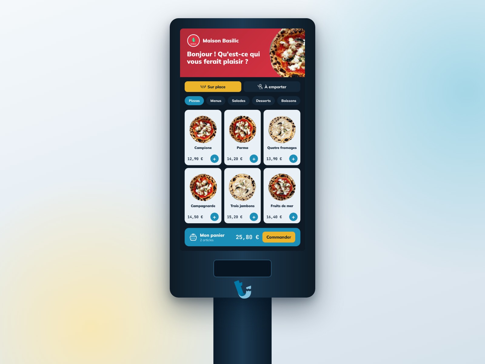 Borne de commande Tick'eat affichant la carte d'une pizzeria avec photos produits et panier