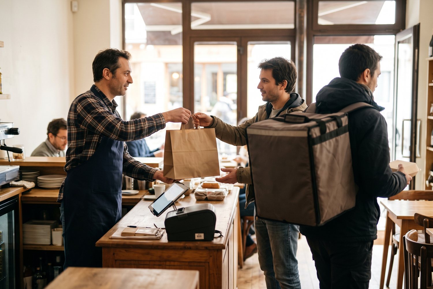 Le restaurateur remet une commande à emporter à un client pendant qu'un livreur attend la sienne