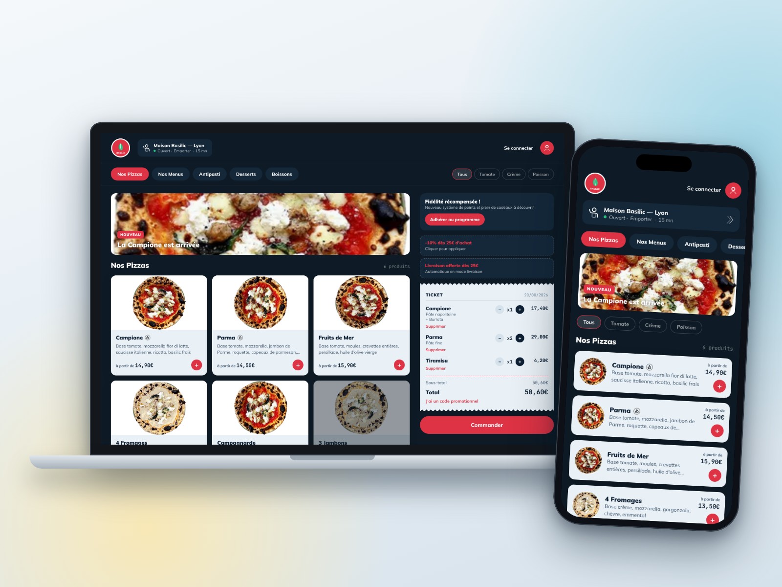 Boutique en ligne d'un restaurant sur ordinateur portable et smartphone avec la carte et le panier