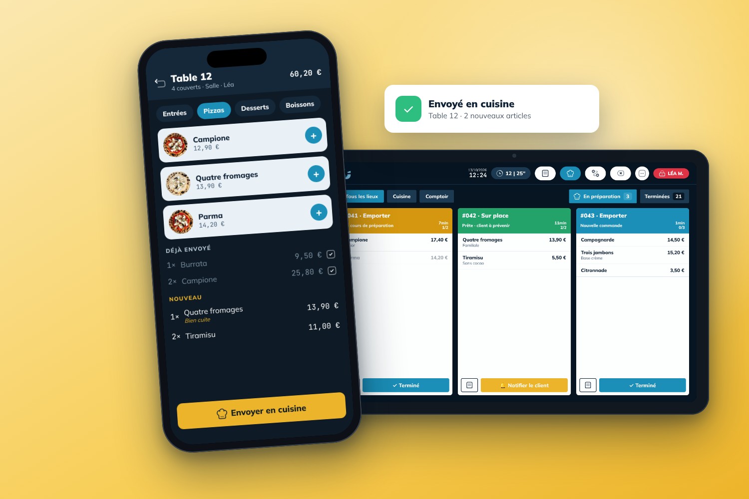Prise de commande sur smartphone envoyée en temps réel à l'écran de cuisine