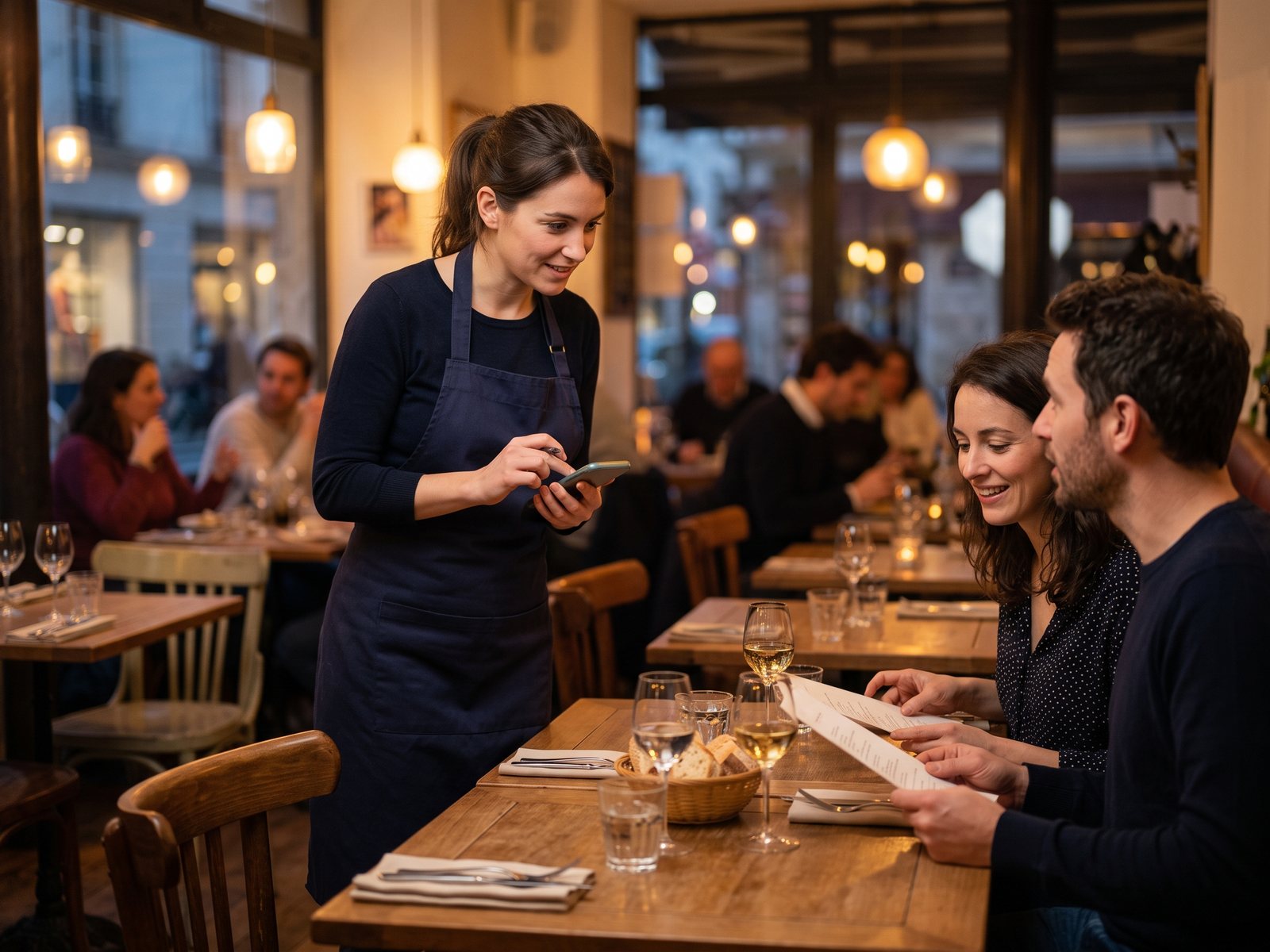 Une serveuse prend la commande d'un couple attablé sur son smartphone, dans une salle chaleureuse le soir
