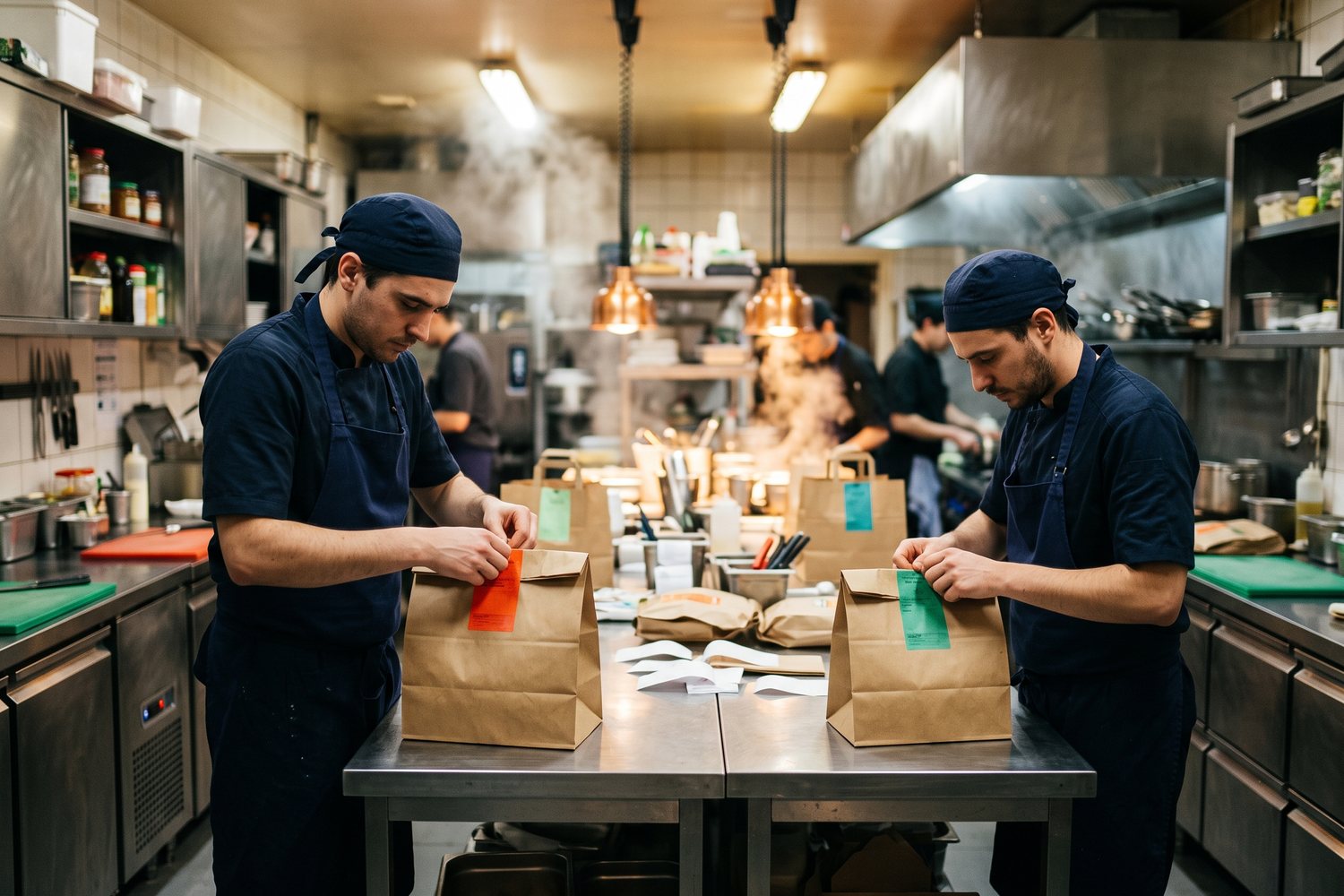Dans une cuisine de production, deux cuisiniers ferment des sacs de livraison étiquetés par marque