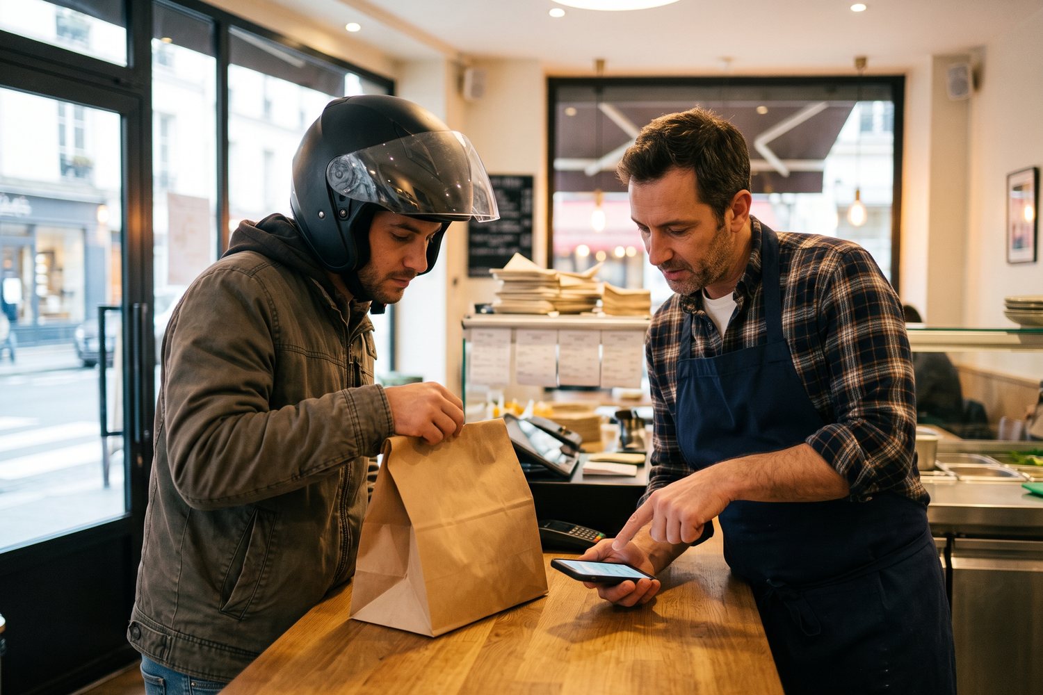 Un livreur casqué récupère un sac au comptoir pendant que le restaurateur lui montre la tournée sur son téléphone