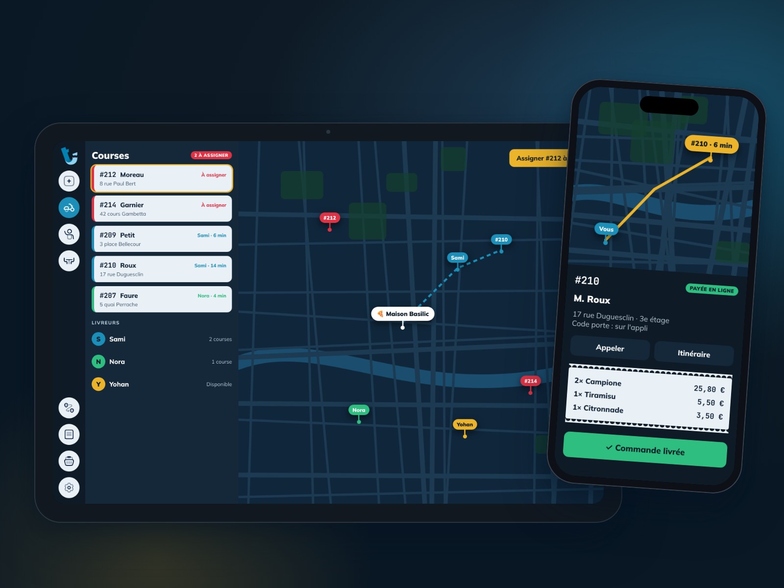 Écran de dispatch avec la carte des livreurs et des commandes, et application livreur sur smartphone