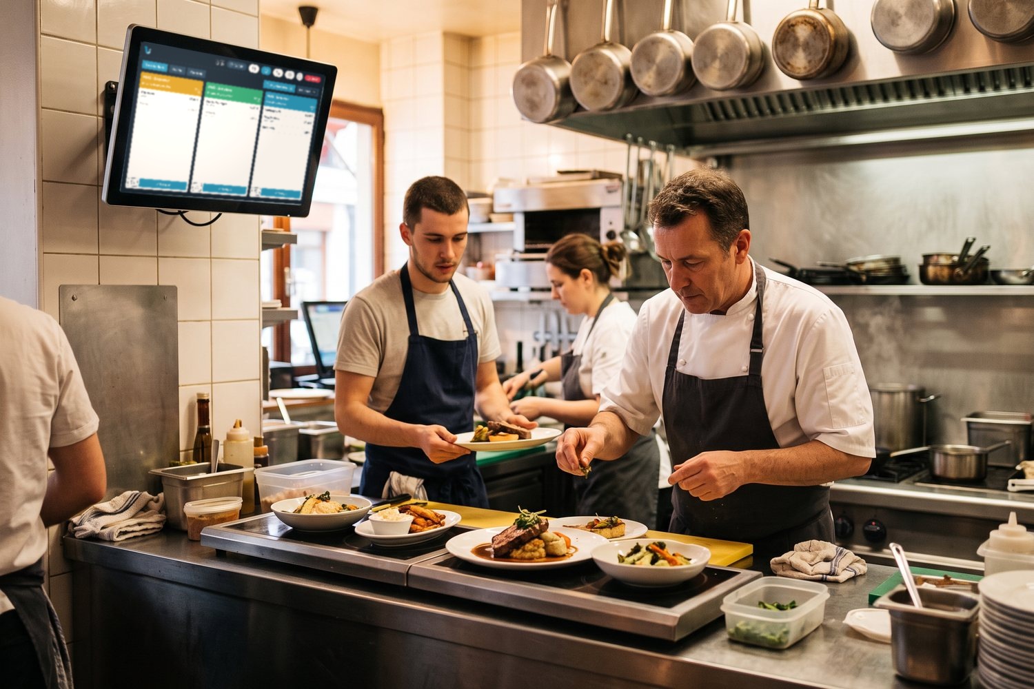 Le chef et sa brigade dressent les assiettes au passe sous l'écran de cuisine Tick'eat, qui affiche les commandes en cours en plein service