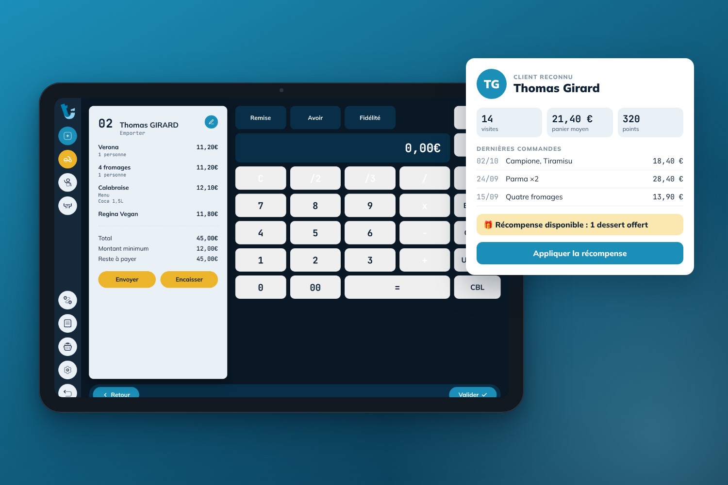 Fiche client reconnue à l'encaissement avec historique de commandes et récompense de fidélité