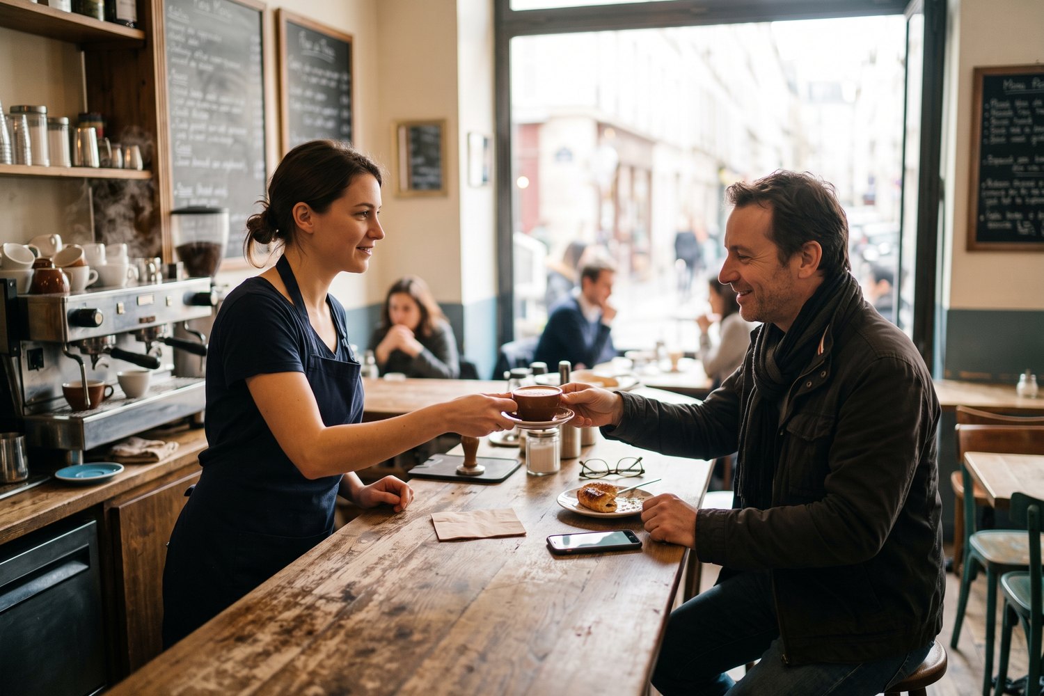 Serveuse offrant un café à un client habitué au comptoir d'un bistrot