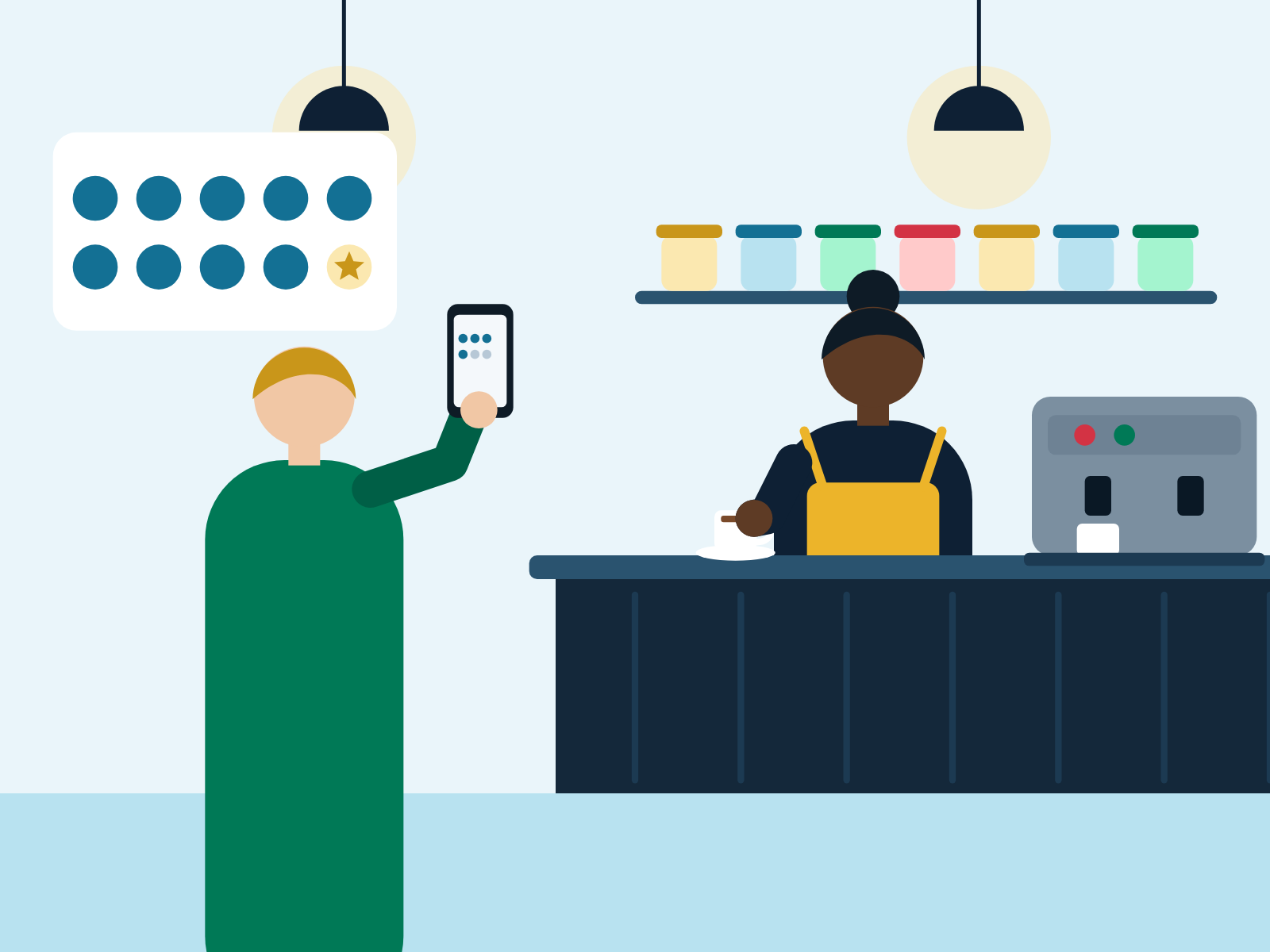 Au comptoir du café, la gérante reconnaît une cliente fidèle grâce à son compte client : points cumulés et récompense disponible