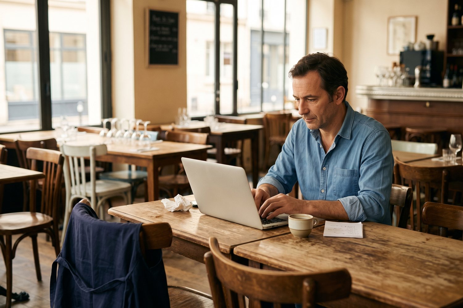 Avant l'ouverture, un restaurateur modifie sa carte sur son ordinateur portable, assis en salle