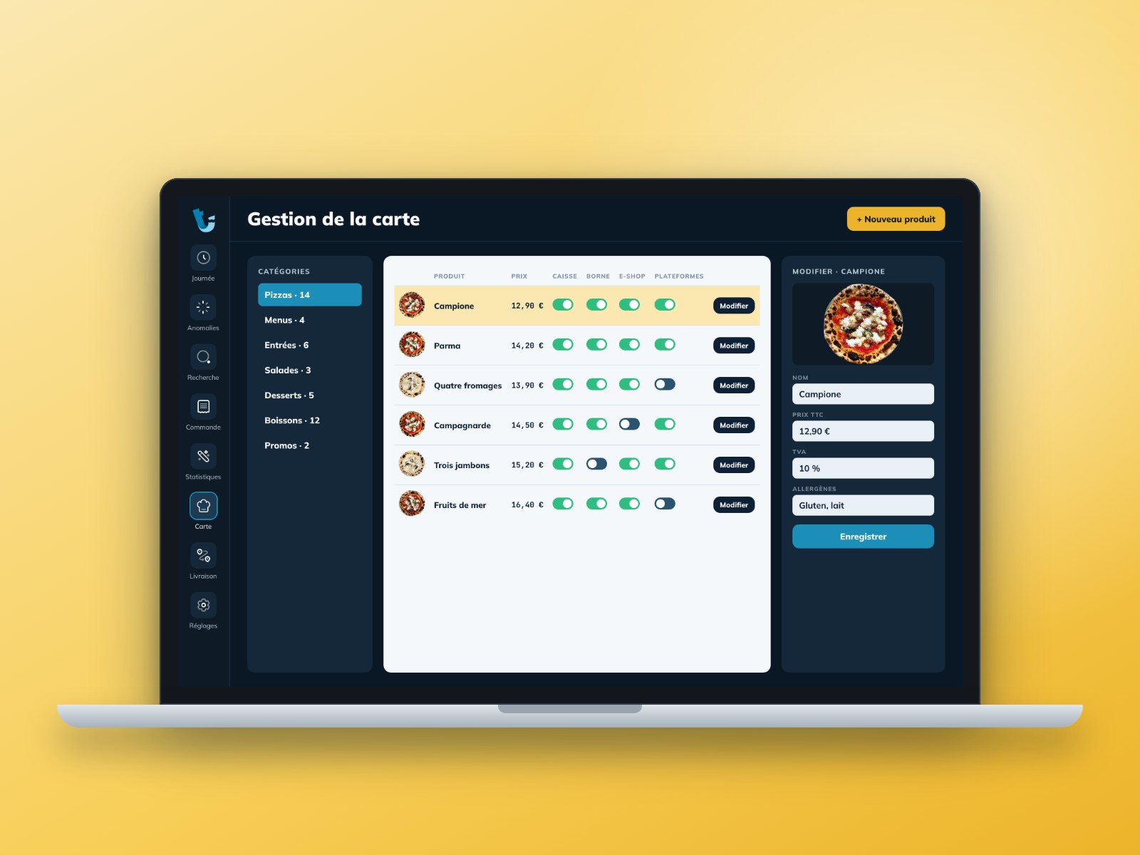 Back-office de gestion de la carte : catégories, produits, prix et disponibilité par canal de vente