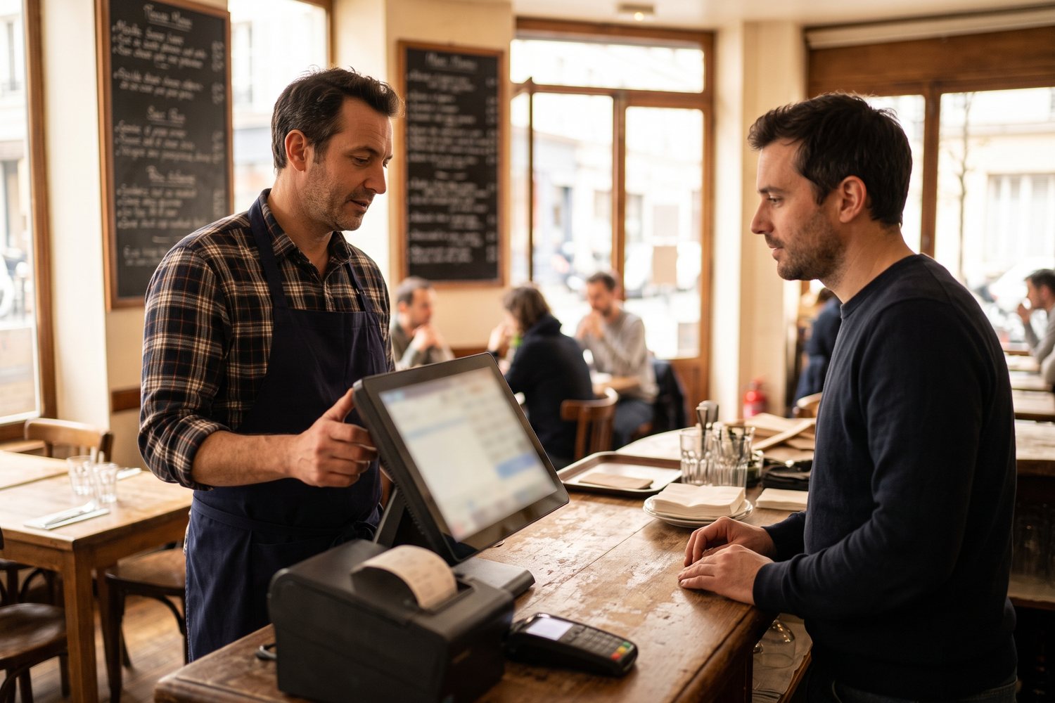 Au comptoir, le restaurateur montre calmement à un client le détail de sa commande sur l'écran de caisse