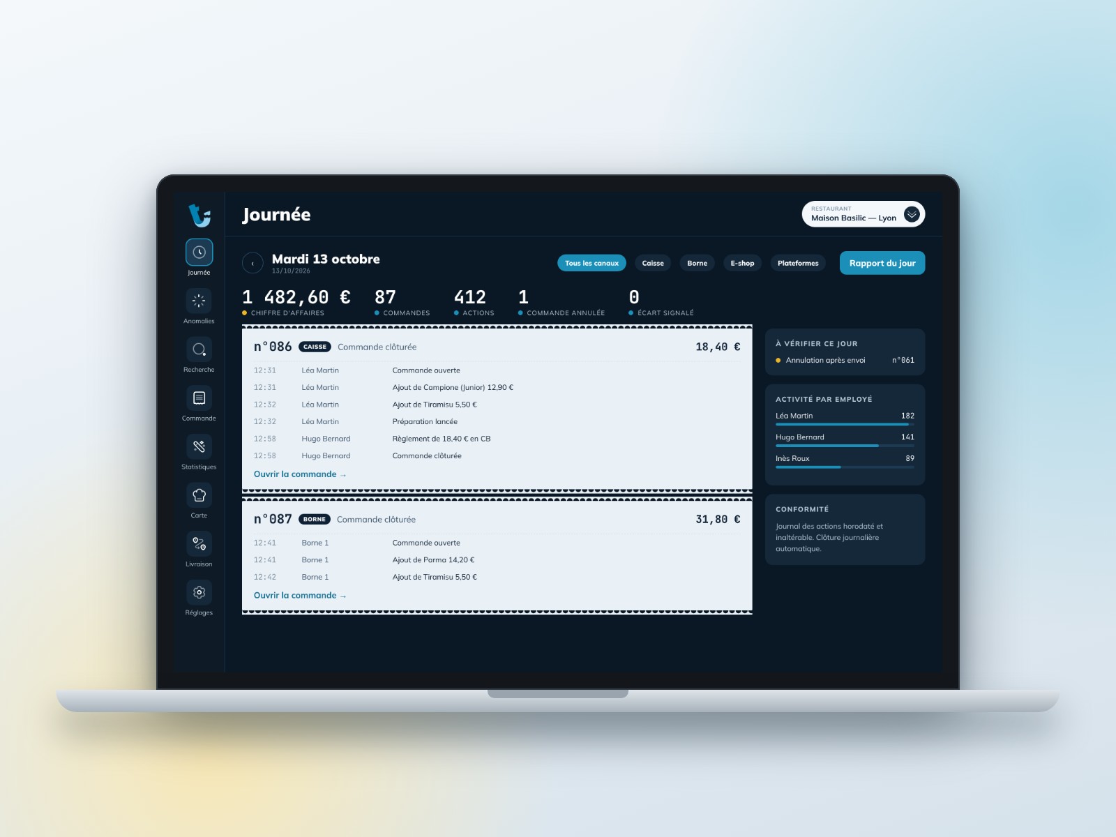 Historique de la journée dans le back-office : commandes horodatées et journal des actions par employé