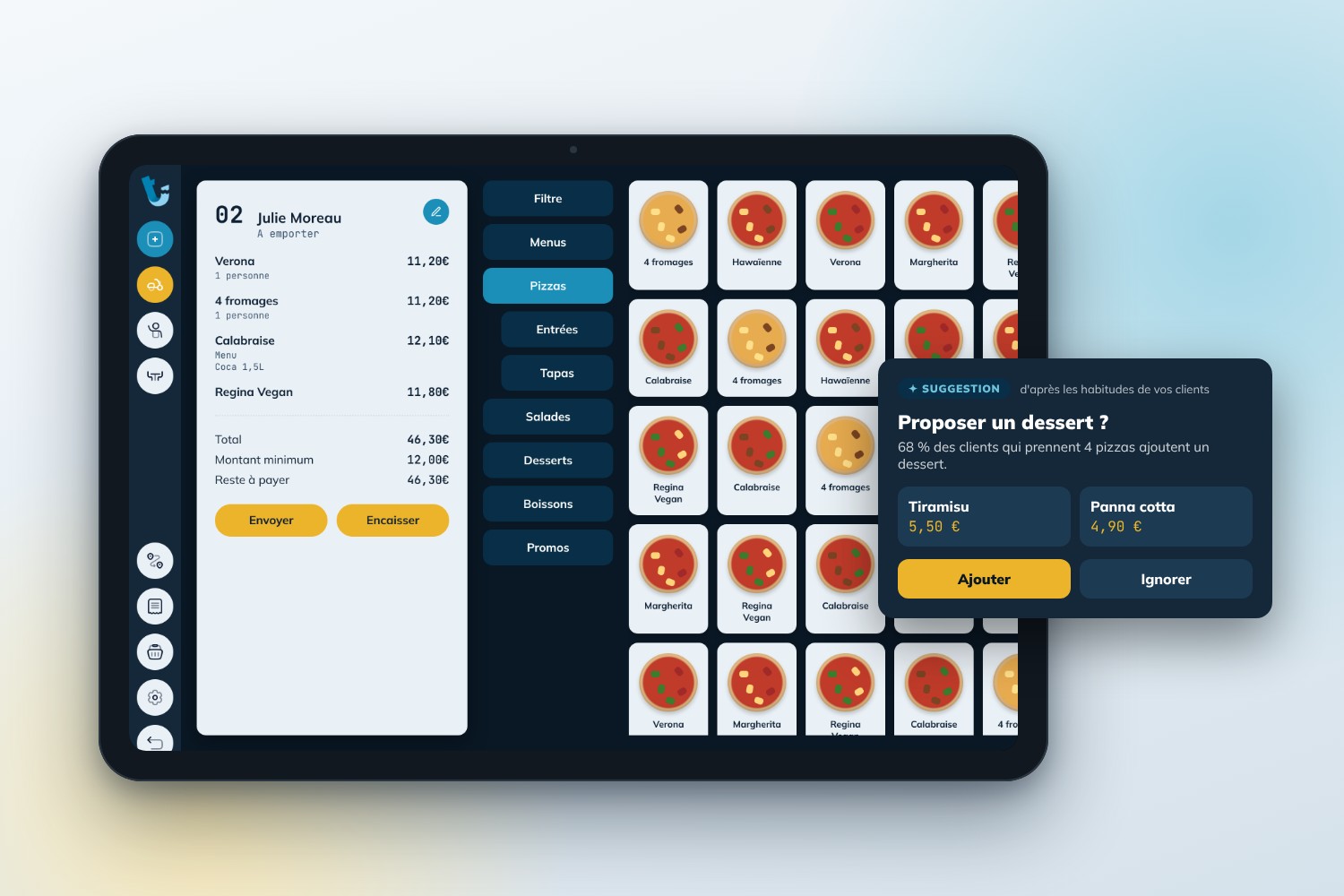 Suggestion de dessert proposée automatiquement sur l'écran de prise de commande