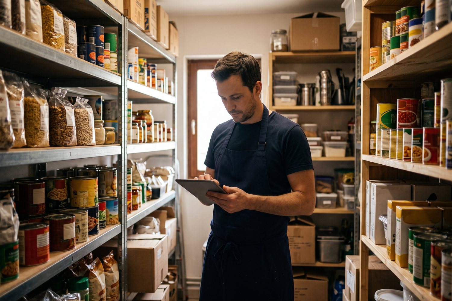 Dans la réserve, un cuisinier consulte une alerte de stock sur sa tablette avant le service