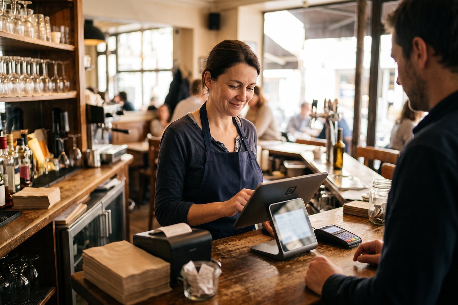 Au comptoir d'un café, une restauratrice encaisse un client sur sa caisse tablette, terminal de paiement à côté