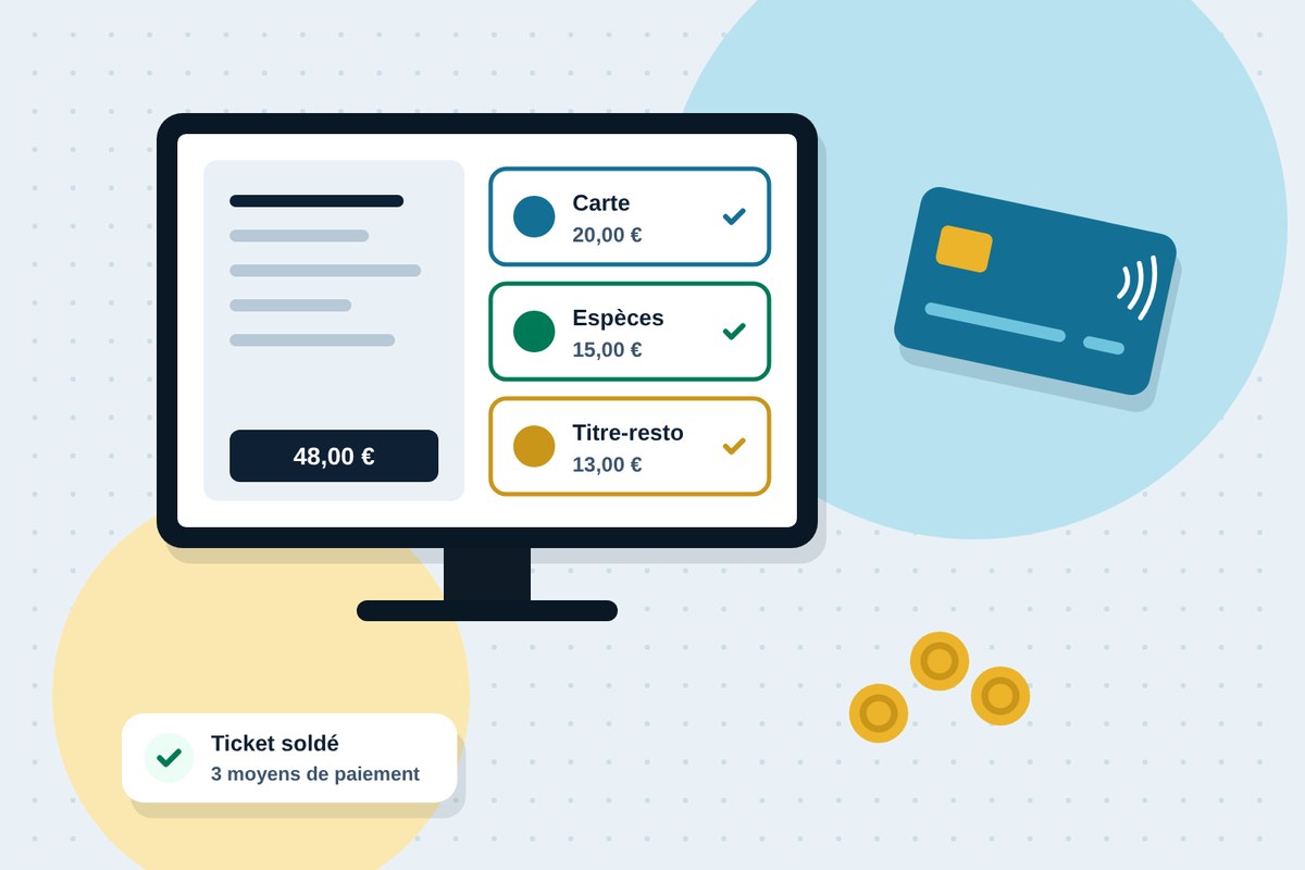 Une addition réglée en plusieurs moyens de paiement sur un même ticket : carte, espèces et titre-restaurant