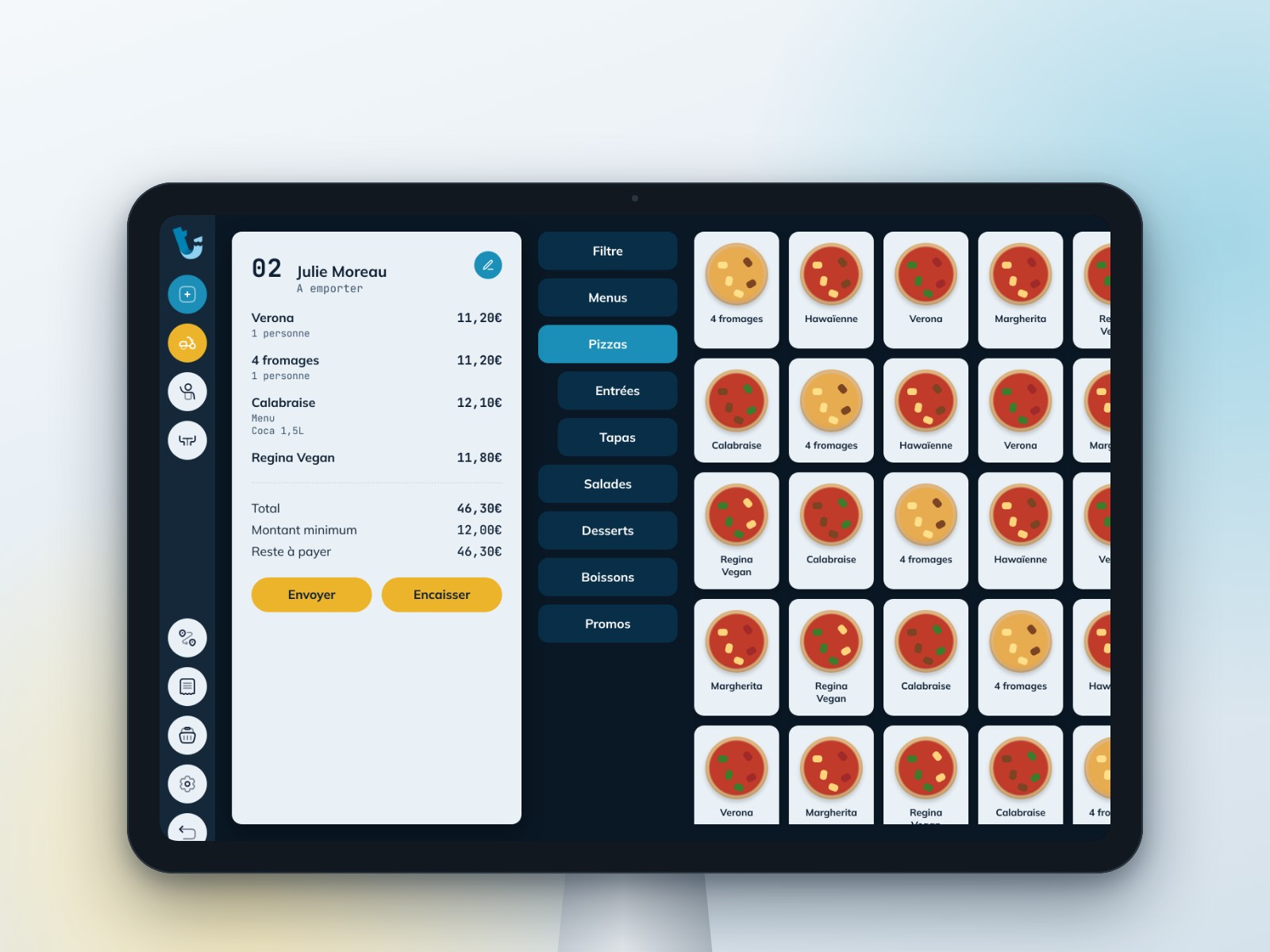 Interface de caisse Tick'eat sur tablette : ticket en cours, catégories et grille de produits