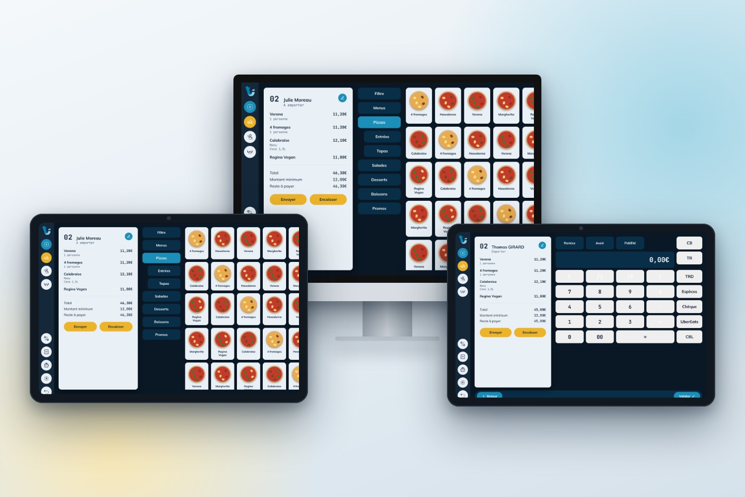 Application de caisse Tick'eat affichée sur une tablette Android, un iPad et un ordinateur Mac