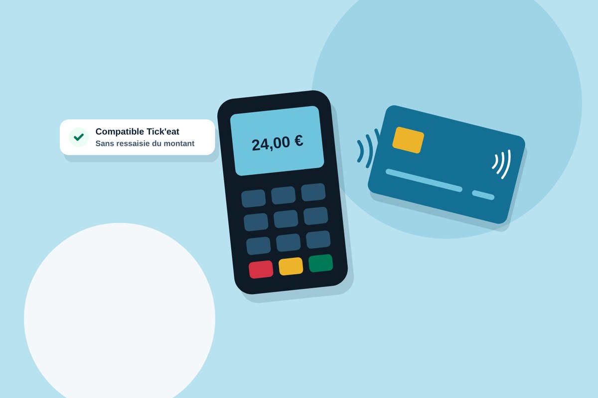 Un terminal de paiement compatible relié à la caisse, avec une carte bancaire sans contact