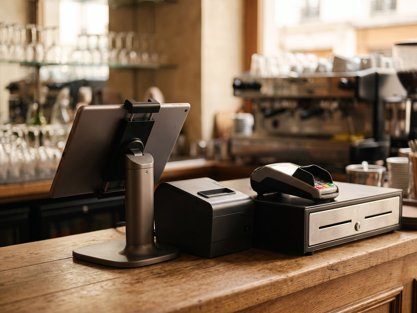 Comptoir équipé d'une tablette de caisse sur support, d'une imprimante de tickets, d'un terminal de paiement et d'un tiroir-caisse