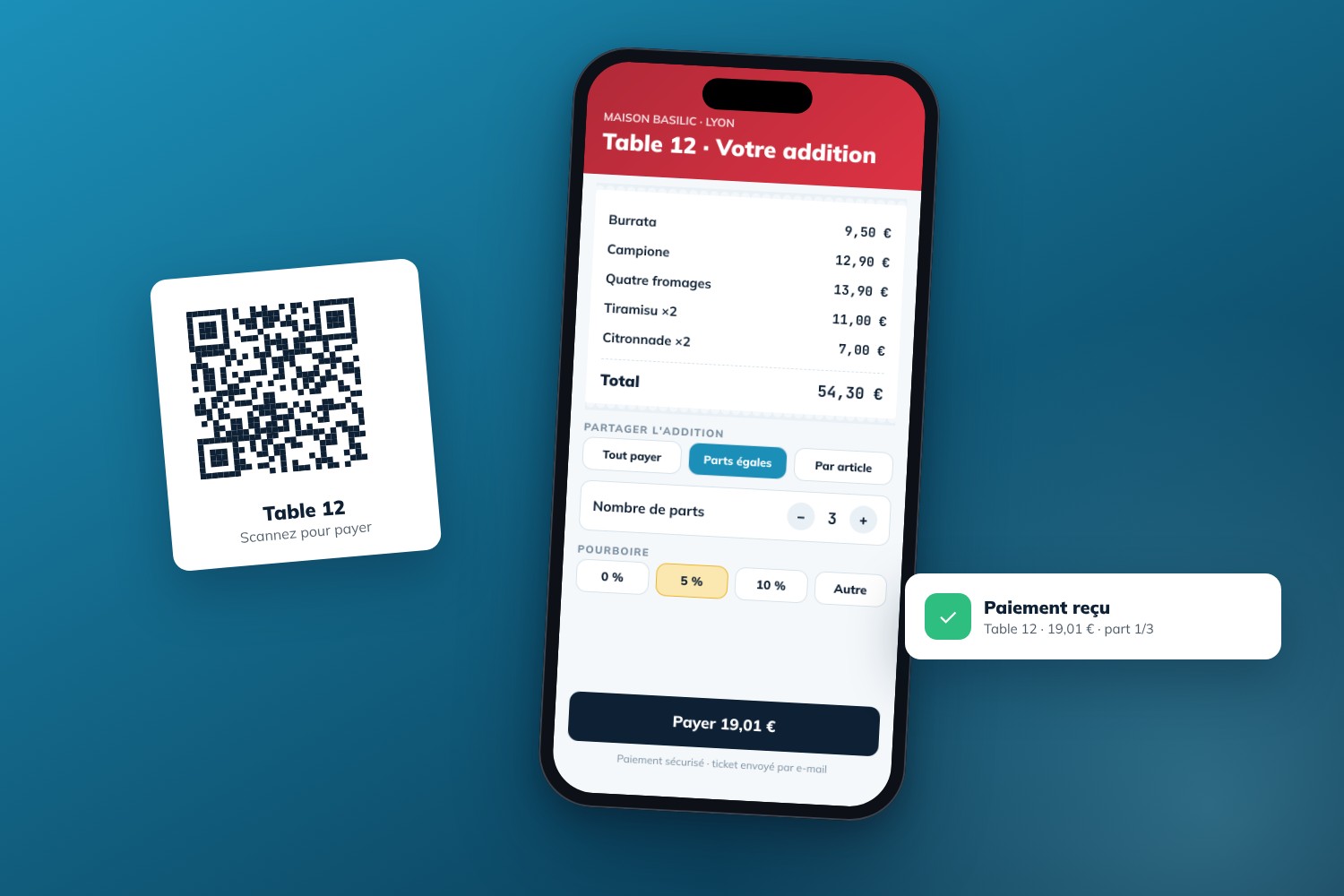 QR code de table et addition partagée sur smartphone avec bouton de paiement