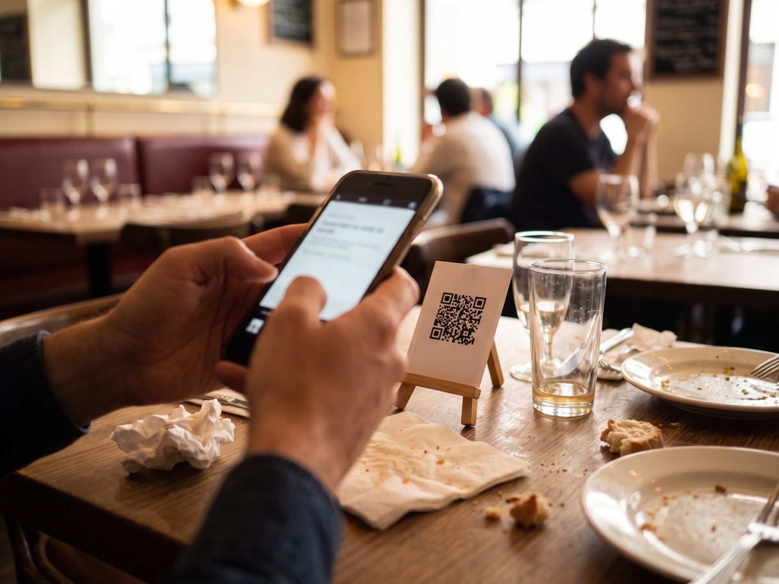 En fin de repas, un client scanne avec son téléphone le QR code posé sur la table pour payer l'addition