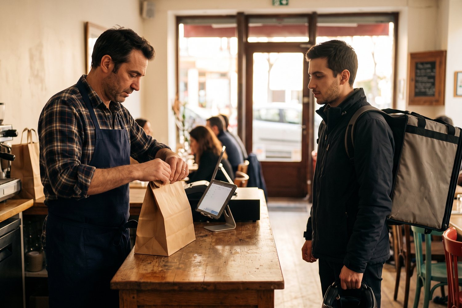 Le restaurateur prépare un sac de commande au comptoir pendant qu'un livreur attend