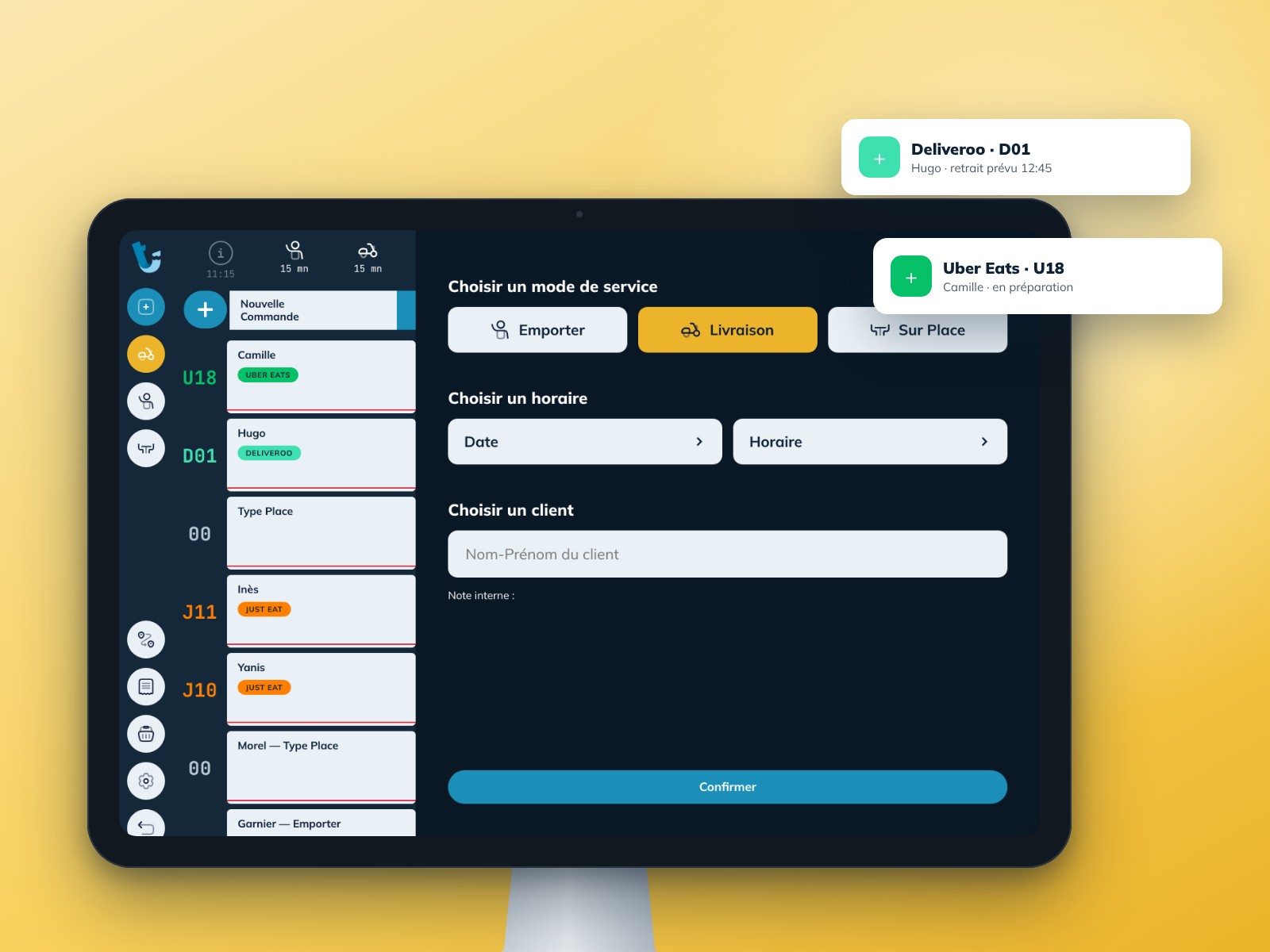 Caisse centralisant les commandes des plateformes de livraison avec notifications de nouvelles commandes