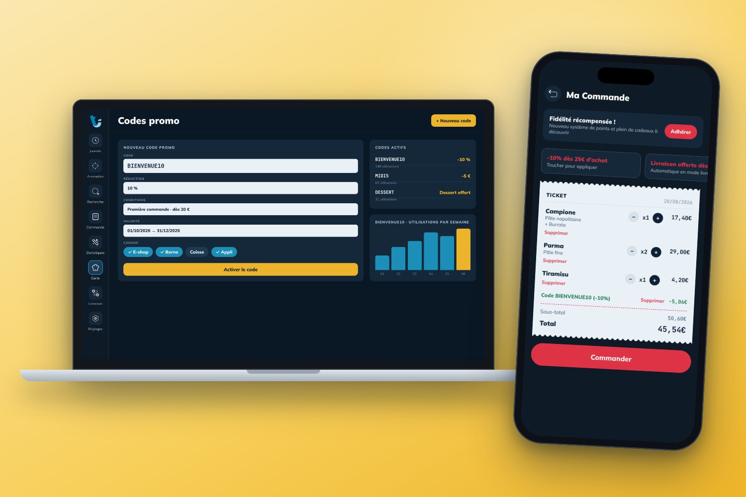Formulaire de création d'un code promo et panier de la boutique en ligne avec la réduction appliquée