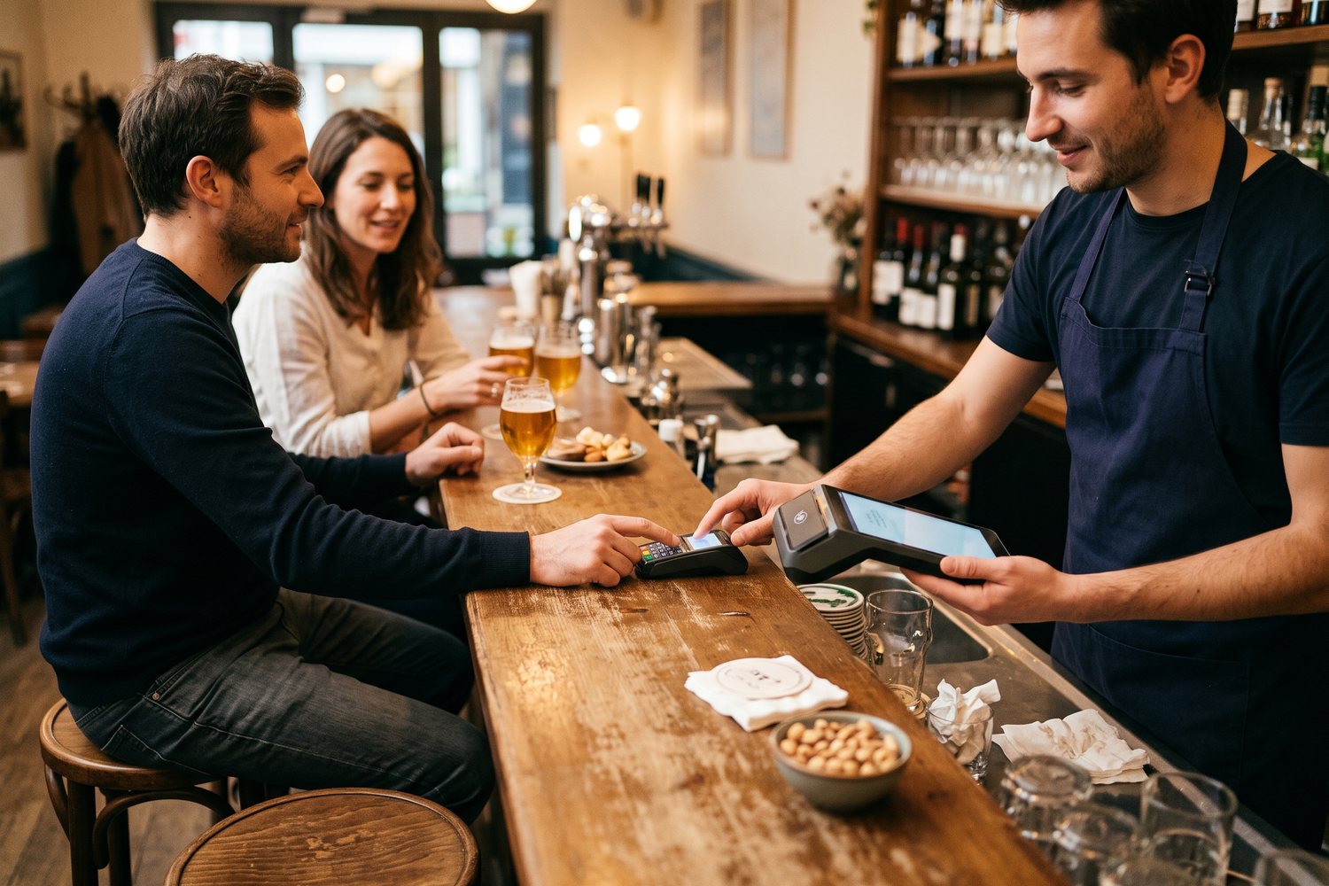 Pendant l'happy hour, le serveur encaisse des clients au comptoir du bar sur un terminal de paiement