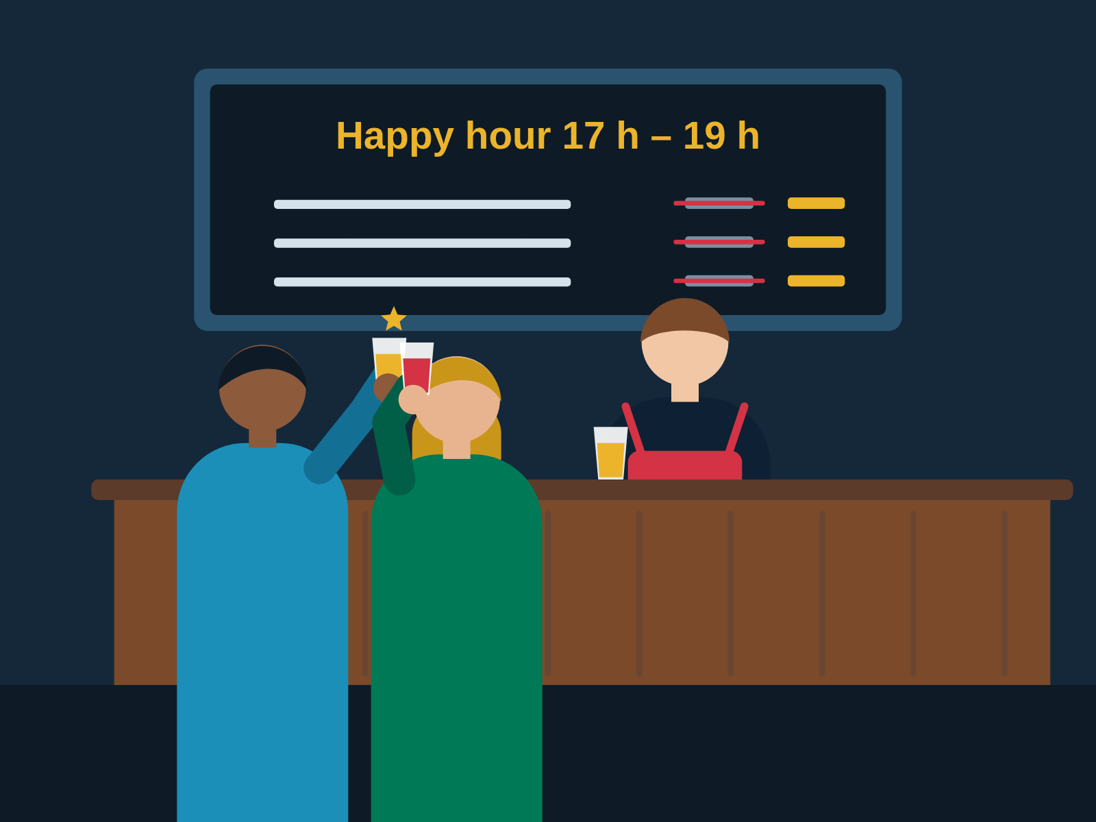 Pendant l'happy hour affichée sur l'ardoise, des clients trinquent au bar ; la promotion s'applique toute seule