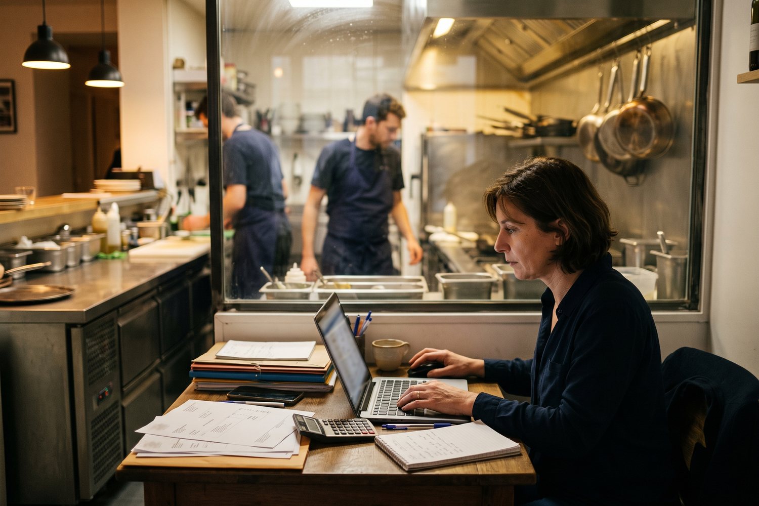 Une restauratrice consulte son chiffre d'affaires sur son ordinateur dans son bureau, la cuisine visible derrière la vitre