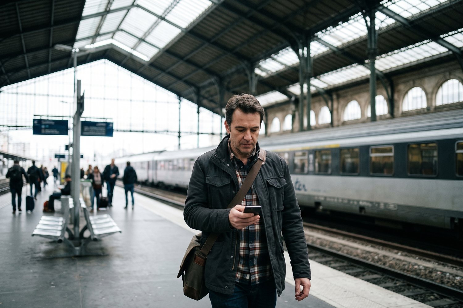 Sur un quai de gare, un restaurateur consulte les chiffres de son restaurant sur son téléphone
