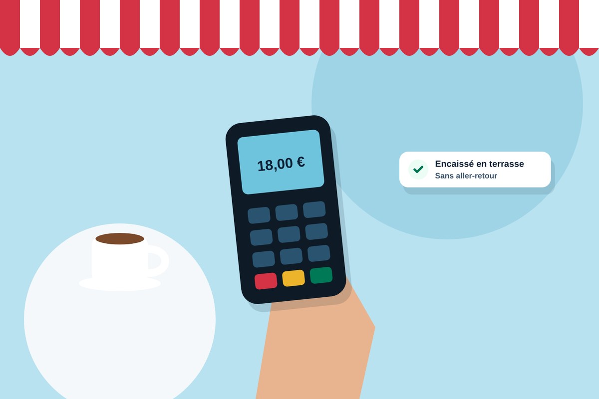 Un terminal mobile tenu en main pour encaisser en terrasse, là où se trouve le client