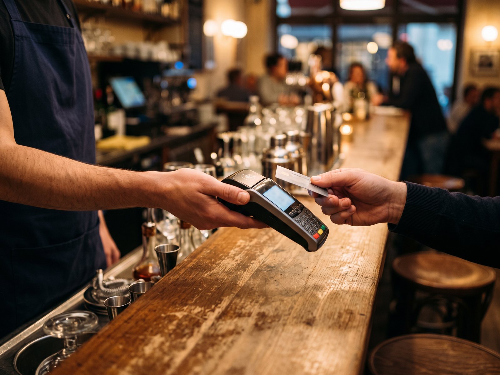 Au comptoir d'un bar, un client paie sans contact avec sa carte sur le terminal que lui tend le serveur