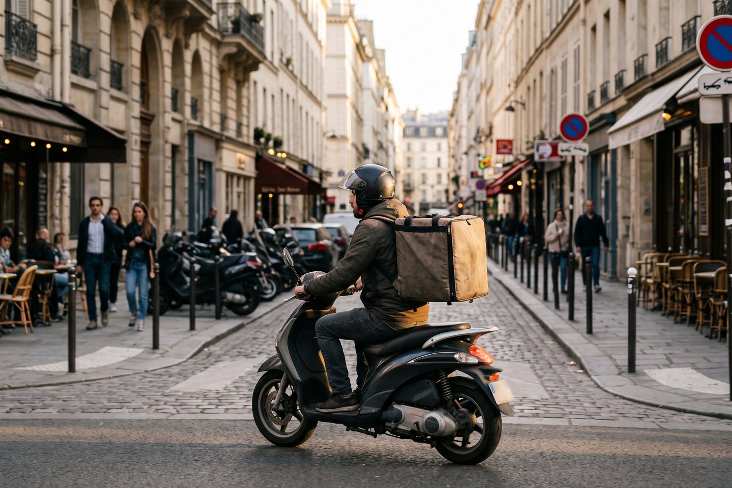 Un livreur en scooter traverse une rue de quartier avec son sac isotherme