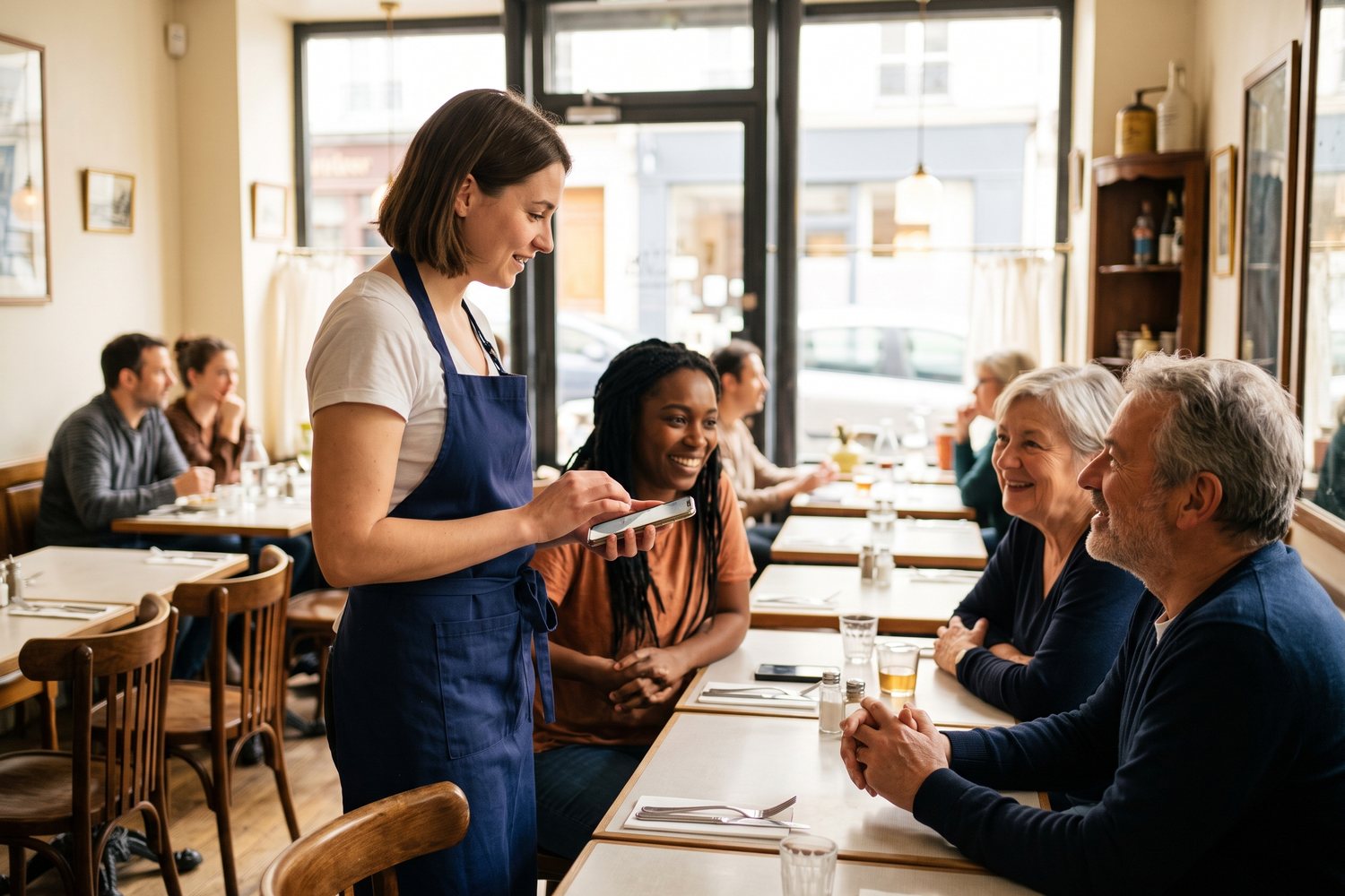 Une serveuse prend la commande sur smartphone à une table de clients souriants, dans une salle de restaurant lumineuse