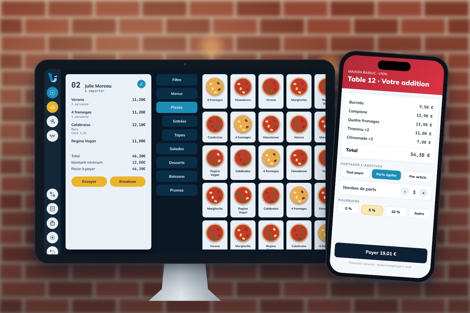 Encaissement au comptoir sur tablette et partage de l'addition sur smartphone
