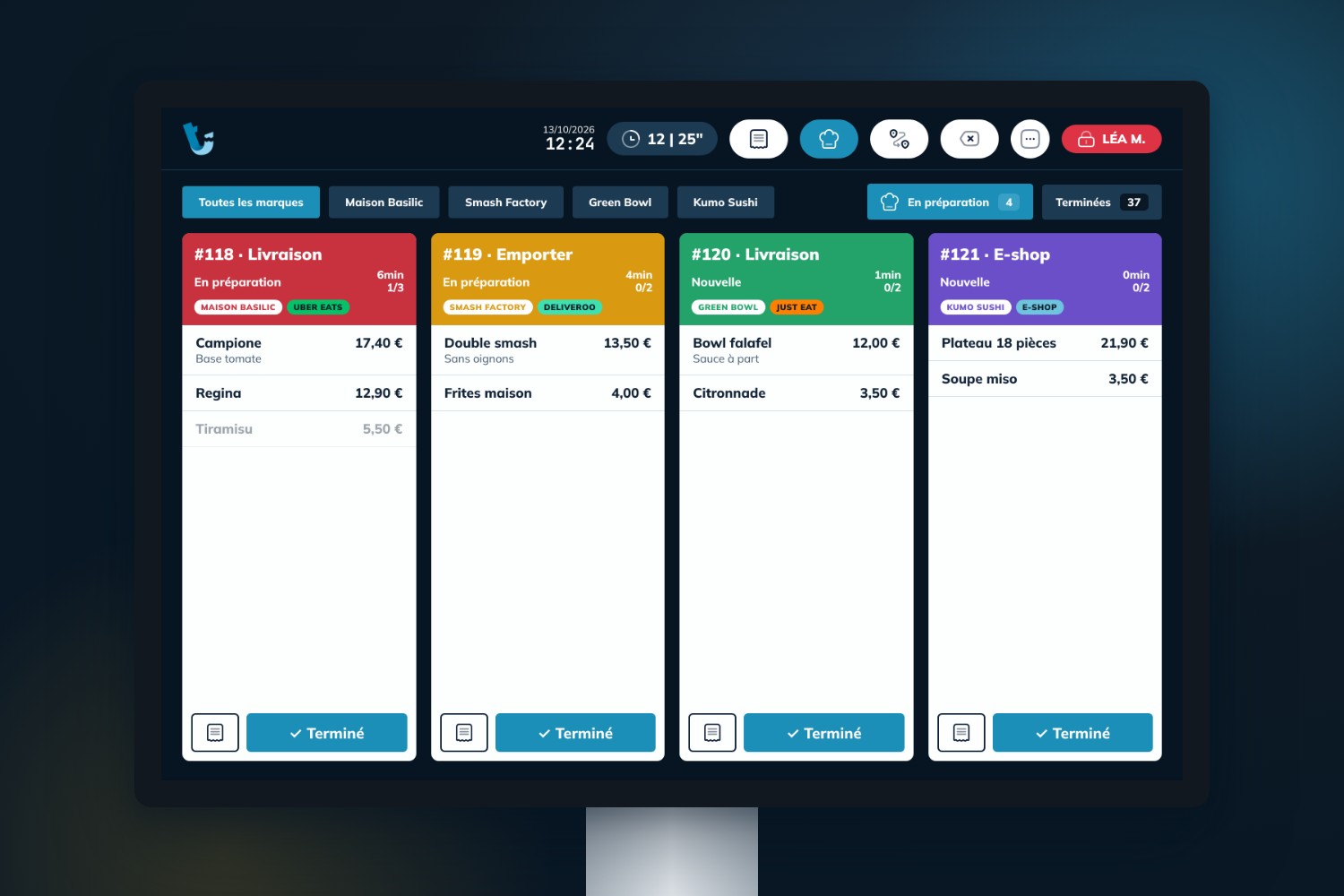Écran de cuisine multi-marques avec des tickets colorés par marque
