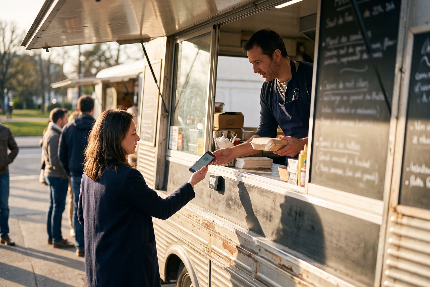 Le gérant d'un food truck sert une cliente qui paie avec son téléphone