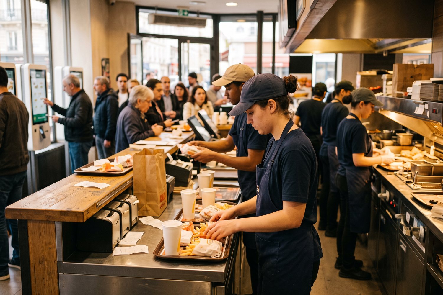 Au comptoir d'un fast-food en plein rush, les équipiers préparent les commandes, clients aux bornes derrière