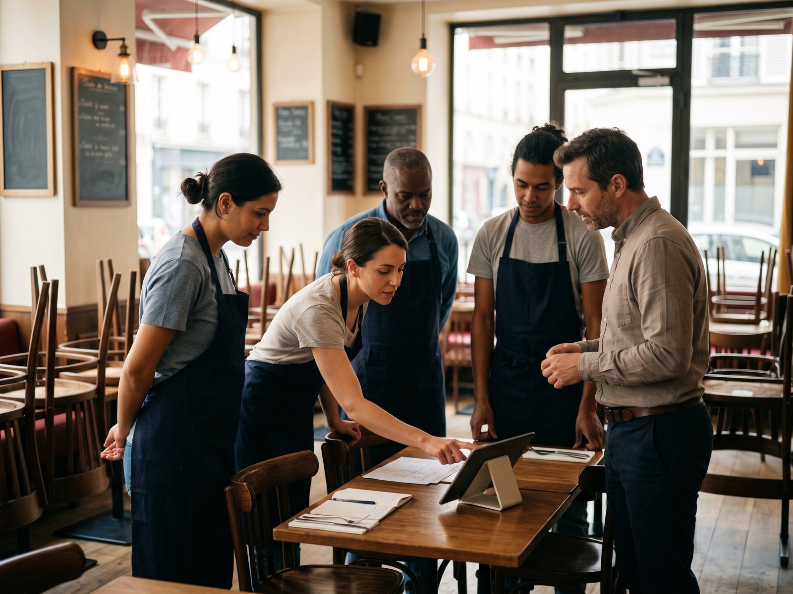 Un conseiller forme l'équipe d'un restaurant à la nouvelle caisse sur tablette, en salle avant le service